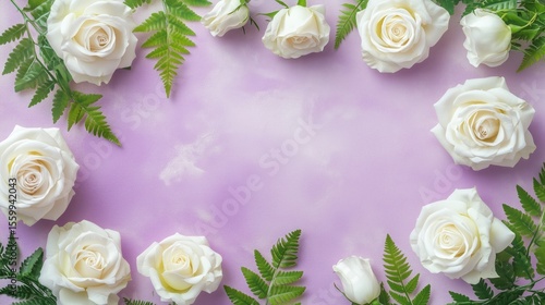 Wallpaper Mural Soft Floral Frame with White Roses and Ferns on Lavender Background Torontodigital.ca