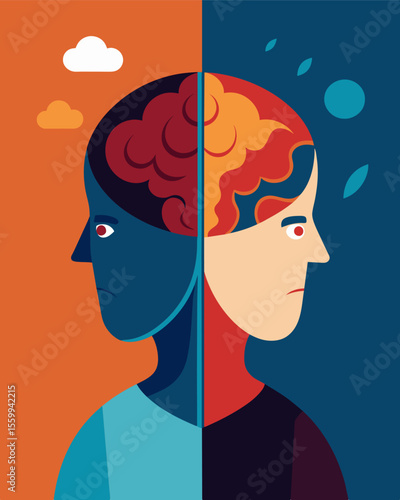 A divided mind constantly arguing with itself and unable to find peace.. Vector illustration