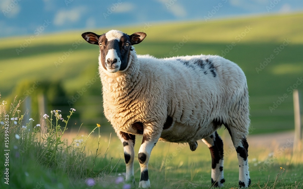 Fototapeta premium Majestic Sheep in a Lush Green Meadow