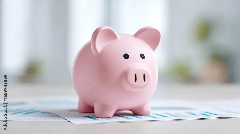 Cute Pink Piggy Bank on Financial Documents with Charts and Graphs in Bright Office Environment for Savings and Investment Themes and Concepts Cute Pink Piggy Bank on Financial Documents with Charts and Graphs in Bright Office Environment for Savings and Investment Themes and Concepts