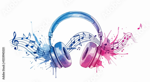 Modern Watercolor Headphones with Music Notes Splash