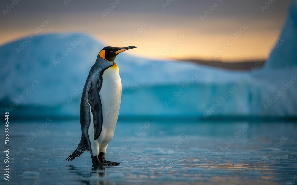Fototapeta premium Majestic King Penguin Stands Alone on Icy Surface at Sunset, Antarctic Wilderness