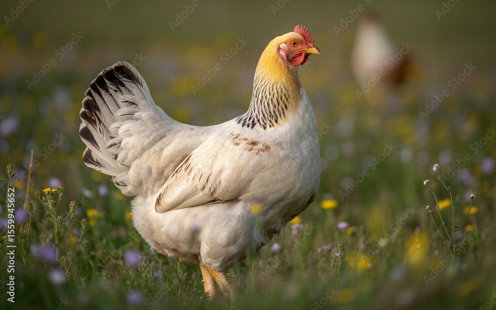 Fototapeta premium Cream Legbar hen in a field of wildflowers, bathed in soft light