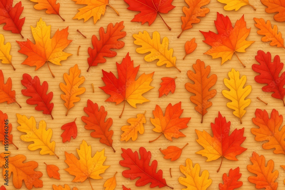 Fototapeta premium Autumn Pattern with Multi-Colored Maple and Oak Leaves on Warm Wood Texture Background