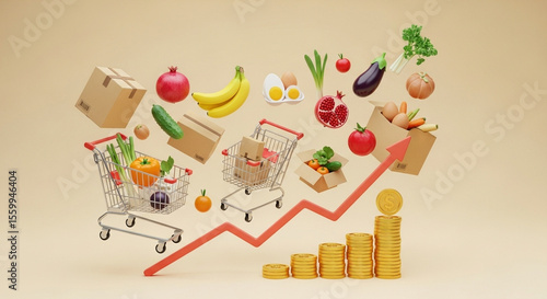 Grocery items and shopping carts with rising arrow and gold coins on a light beige background