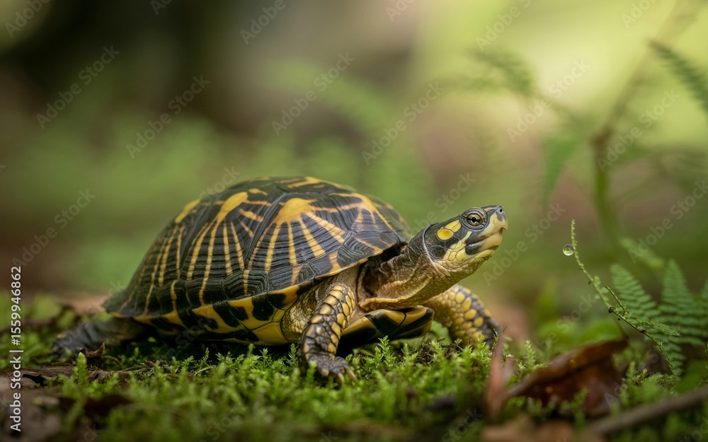 Naklejka premium Detailed Portrait of a Box Turtle in Natural Habitat, Mossy Ground