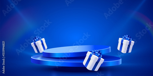 Winner Podium with present boxes. Giveaway winner or sale announcement. Vector illustration