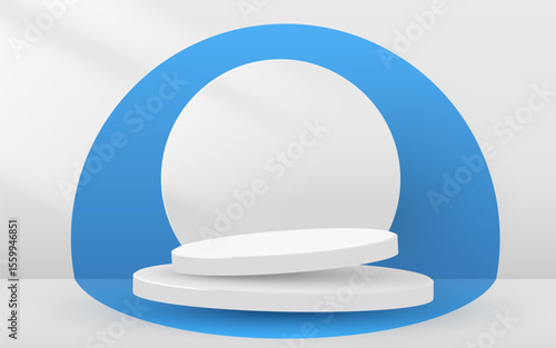 Abstract scene background. Cylinder podium on blue background. Product presentation, mock up. Podium, stage pedestal or platform. Vector illustration