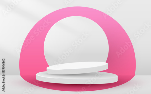 Abstract scene background. Cylinder podium on pink background. Product presentation, mock up. Podium, stage pedestal or platform. Vector illustration