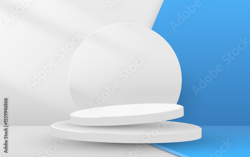 Abstract scene background. Cylinder podium on blue background. Product presentation, mock up. Podium, stage pedestal or platform. Vector illustration