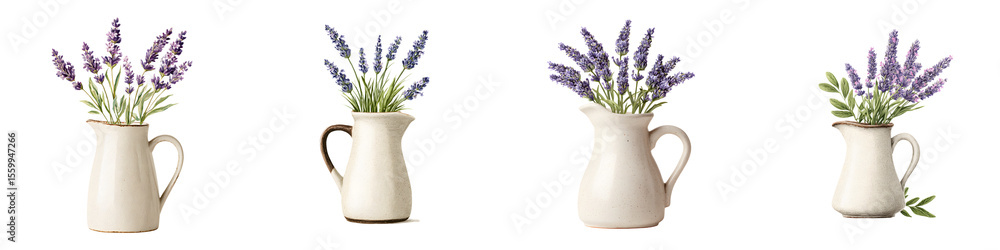Naklejka premium Lavender in Vintage Pitchers: Rustic Floral Arrangement
