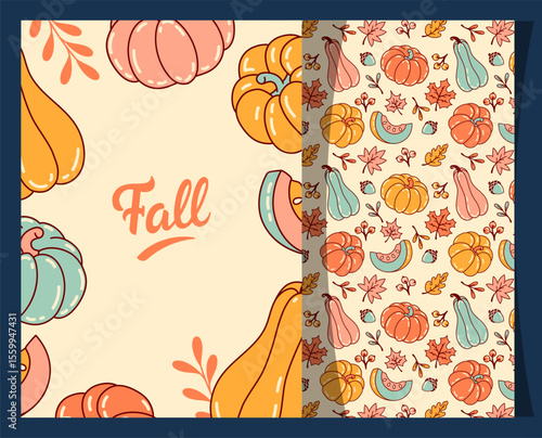 Vertical seasonal frame with playful pumpkins and empty copy space. Retro Thanksgiving card or fest invitation. Ideal for heartfelt holiday greetings, or DIY farmhouse-themed projects