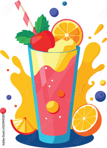 Refreshing summer fruit smoothie in glass with orange and blueberry