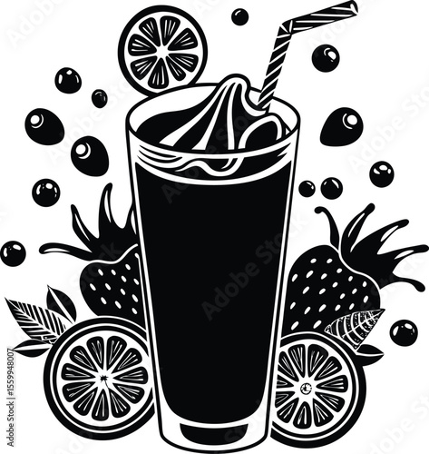 Refreshing fruit smoothie in glass with strawberries and oranges