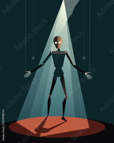 A marionette hanging from a stage a mirror image of the person controlling its movements in the shadows.. Vector illustration
