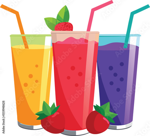 Three glasses of colorful fruit smoothies with strawberries