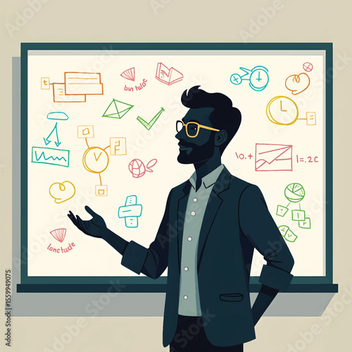 Black Silhouette Vector of Teacher Writing on Board in Classroom Educational Scene on White Background Full HD