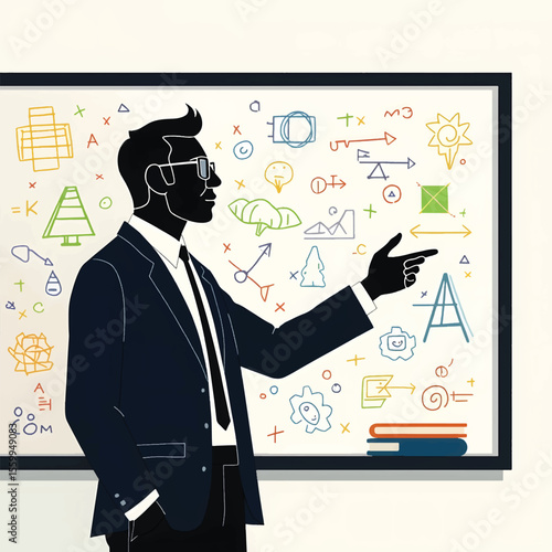 Black Silhouette Vector of Teacher Writing on Board in Classroom Educational Scene on White Background Full HD