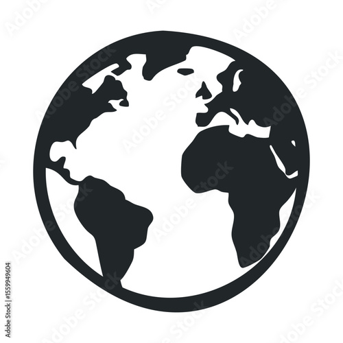 Black and white globe illustration with simplified continents.