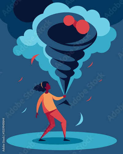 A person unable to escape the relentless storm of stress and anxiety being pulled deeper and deeper into the eye of the stress tornado.. Vector illustration
