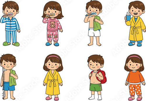 Adorable Kids Daily Morning Routine: Brushing Teeth, Bathing, Getting Dressed, and Preparing for School - Healthy Habits for Happy Children, Domestic Life, Childhood.