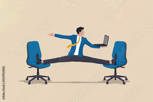 Man doing the splits between two office chairs holding a laptop isolated on transparent background