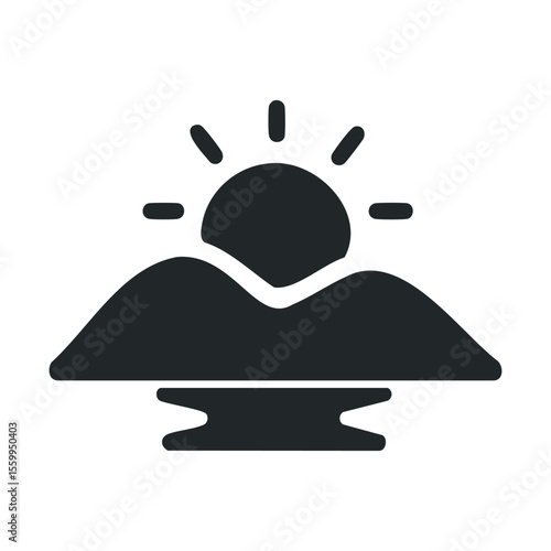 Minimalist icon of ufo spaceship hovering in sky over mountains.