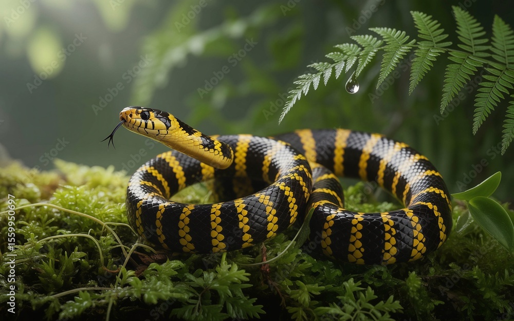 Naklejka premium Striking Yellow-Banded Snake with Tongue Out, Resting on Mossy Ground