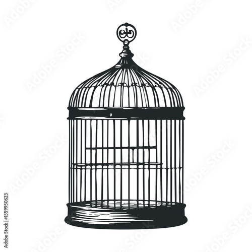 Vintage birdcage illustration: elegant retro metal cage in black and white.