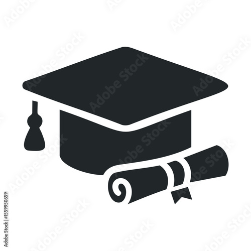 Black graduation cap and scroll icon representing achievement and education.