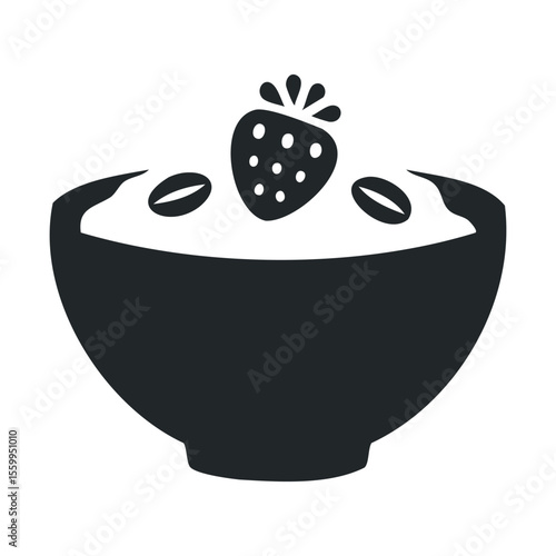 Minimalist black and white cereal bowl with strawberries and oats icon.