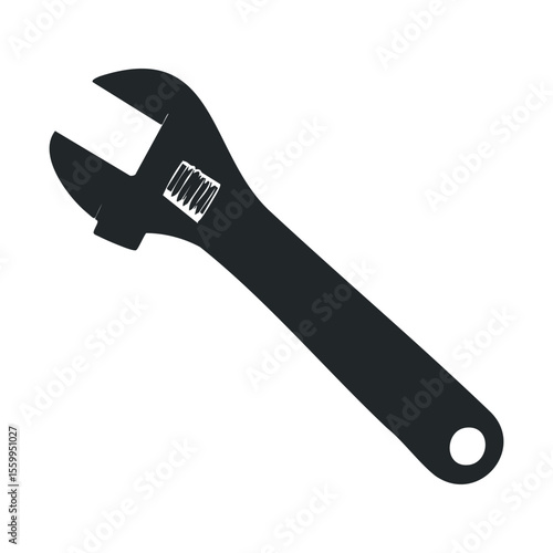 Monochrome adjustable wrench icon in minimalist style.