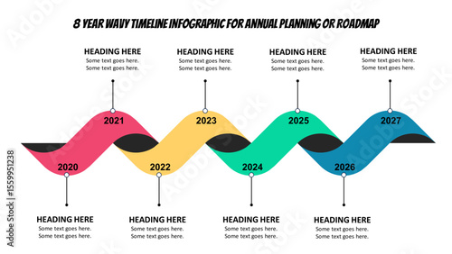 8 Year Wavy Timeline Infographic for Annual Planning or Roadmap. Fully Editable SVG for PowerPoint, Web, Illustrator, and most vector-based applications.