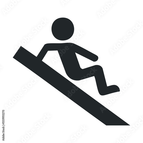 Simple black and white silhouette icon of person sliding down.