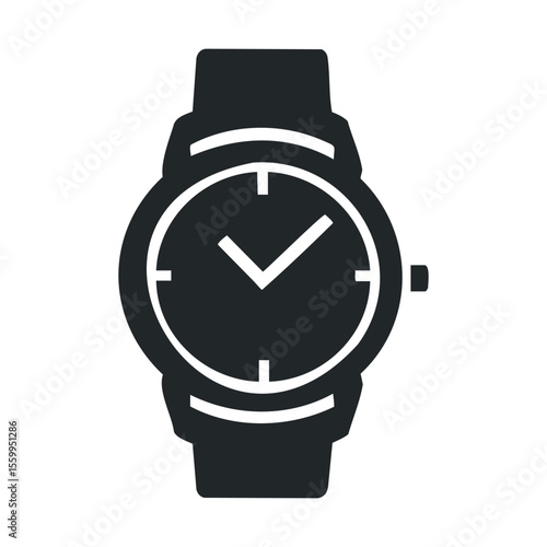 Simple black and white analog wristwatch icon with hour and minute hands.