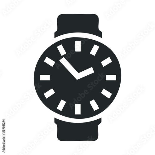 Minimalist black and white wristwatch illustration.