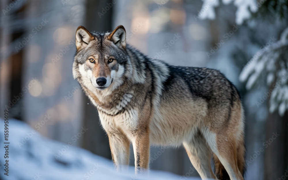Fototapeta premium Majestic Wolf in Winter Forest, Intense Gaze and Detailed Fur, Portrait View