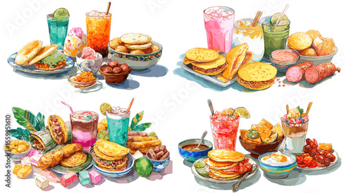 Sweet snacks and colorful drinks from around the world, illustrated in vibrant hand-drawn watercolor style with pancakes, pastries, and tropical beverages.

