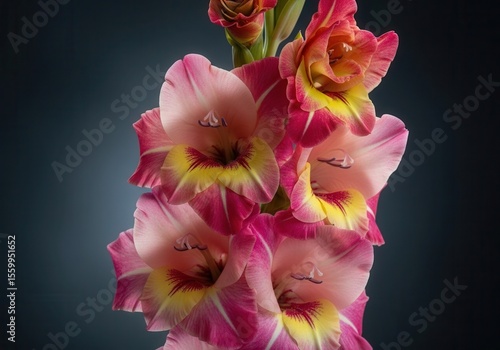 Gladiolus flowers with vibrant colors on dark background