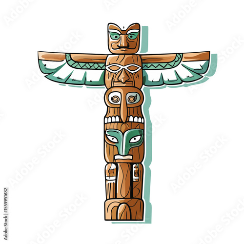 Wooden totem pole with carved figures representing Indigenous people day  
