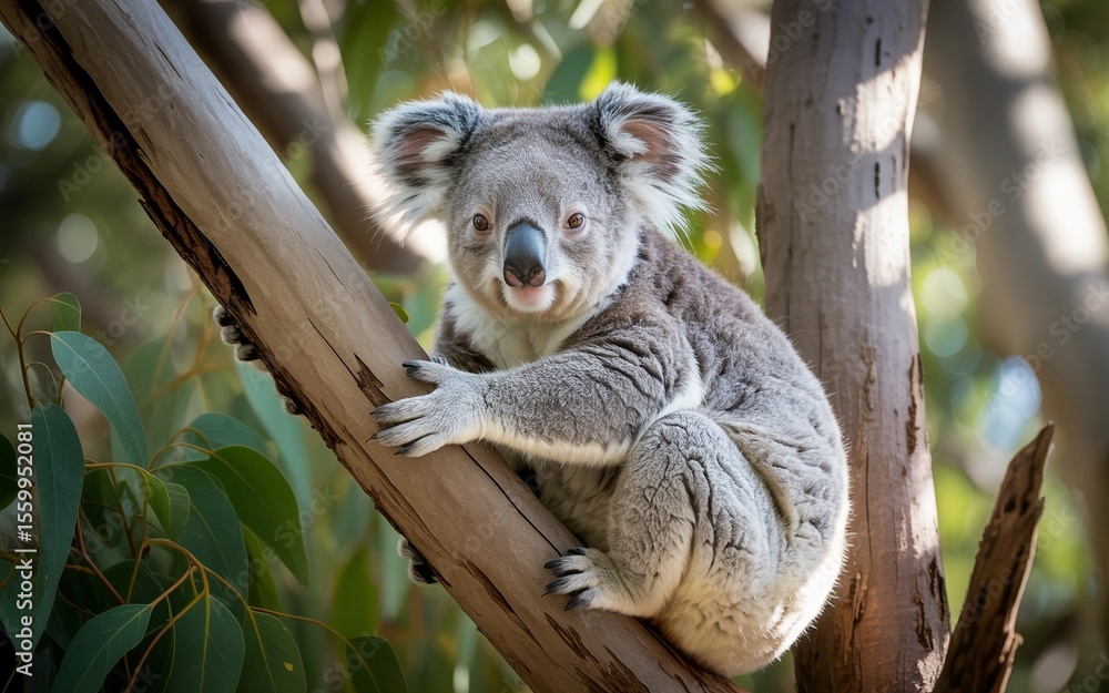 Fototapeta premium Adorable Koala Perched on Tree Branch, Smiling Directly at the Camera, Sunny Day