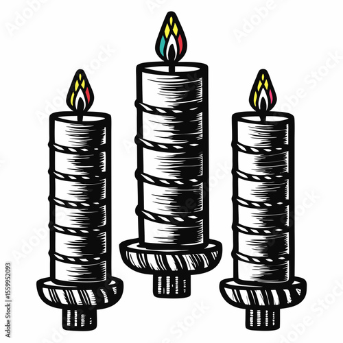 Three decorative candles with colorful flames on white background  