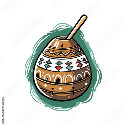 Decorative gourd musical instrument with stick on green background  