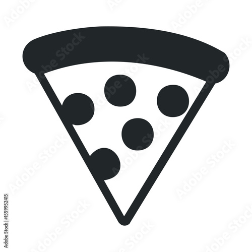 Black and white pizza slice icon with pepperoni toppings.