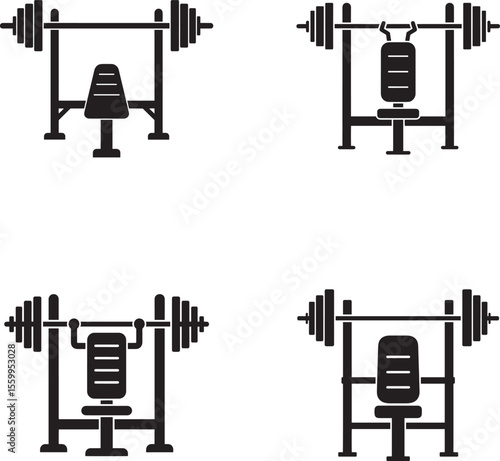 Set of four black silhouette icons representing weightlifting benches and barbells