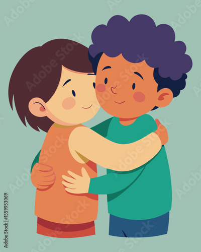 A hug between two siblings appears sweet but the huggers hand rests on their siblings back in a controlling manner showcasing their manipulative nature.. Vector illustration