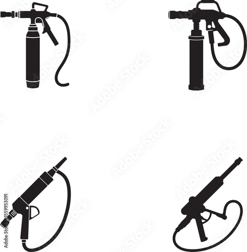 Set of four black silhouette icons of spray guns and foam applicators
