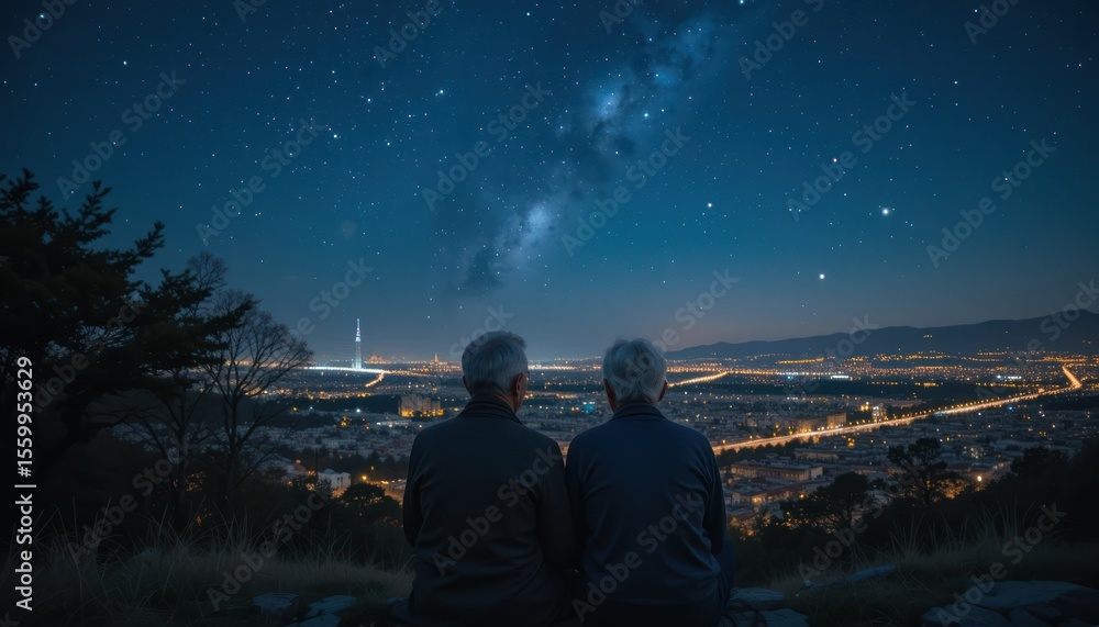Obraz premium Two figures gaze at the night sky over a distant city.