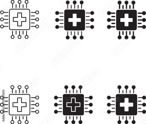 Digital health technology icons featuring medical cross and circuit board elements