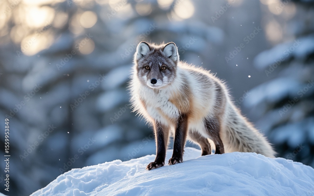 Obraz premium Arctic Fox Portrait on Snowy Hill with Winter Forest Backdrop